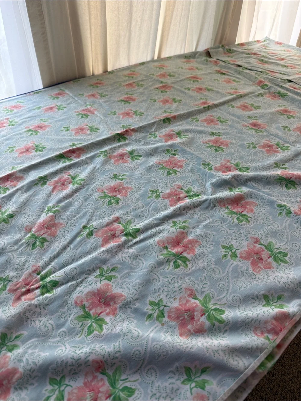 Vintage Blue Pink Floral Cotton Blend Fabric/Flat Sheet 2.5+ Yards x 72” Wide